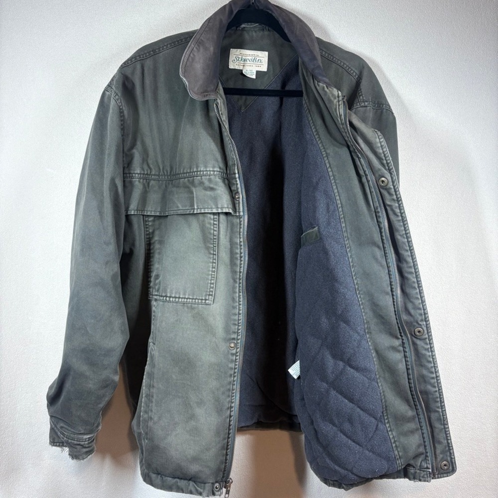 St Johns Bay Mens XL Canvas Field Chore Barn Jacket Green Leather Trim Quilted